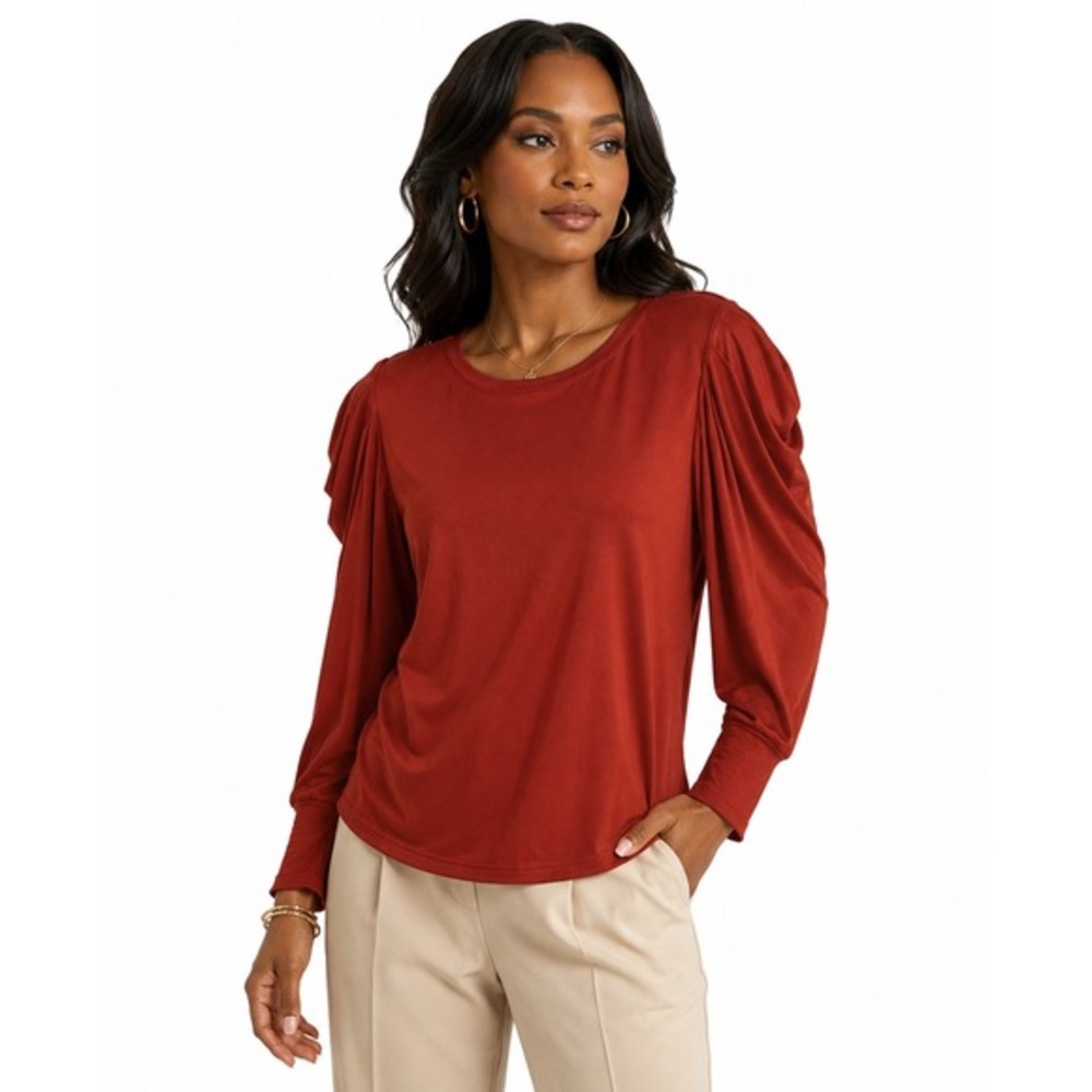 Ann Taylor Burnt Red Pleated‎ Puff Shoulder Long Sleeve Top M Preppy Chic 88-34